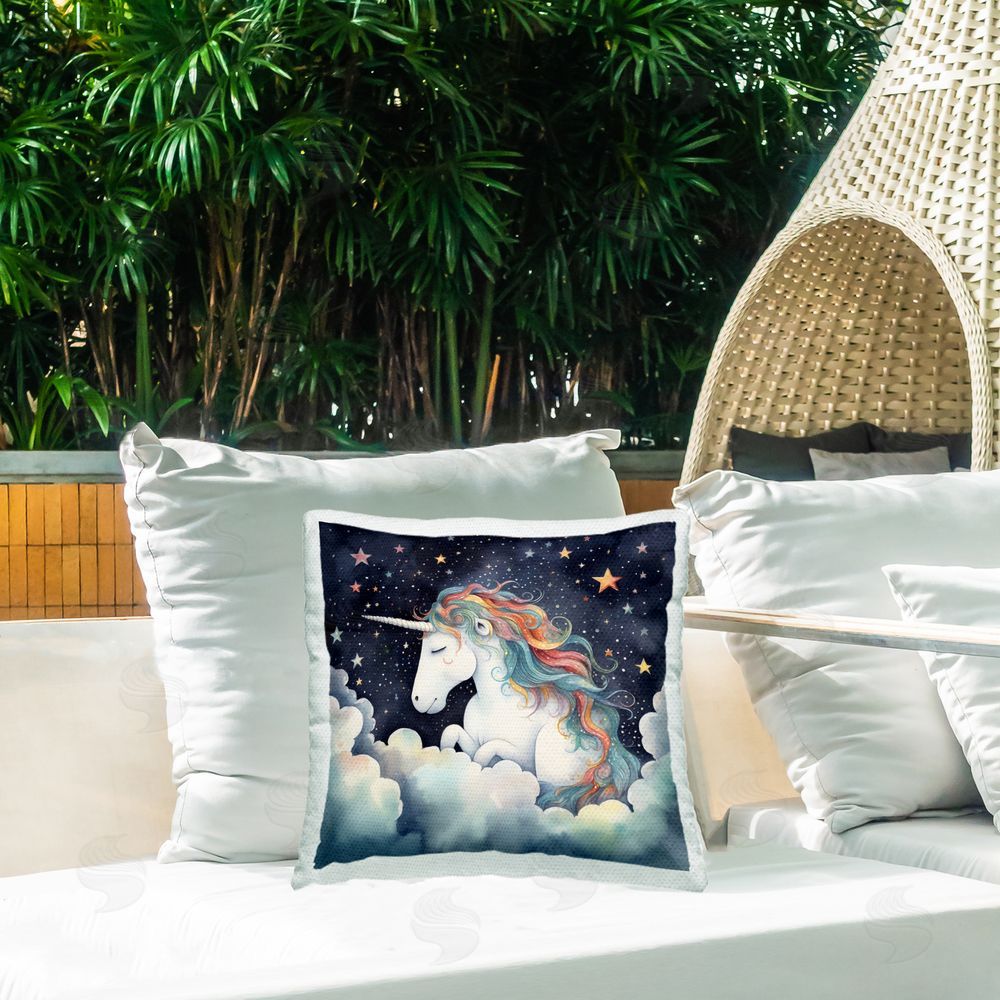 Creative Studio Sleepy Unicorn in Starlit Clouds Outdoor Square Printed Throw Pillow on Seat