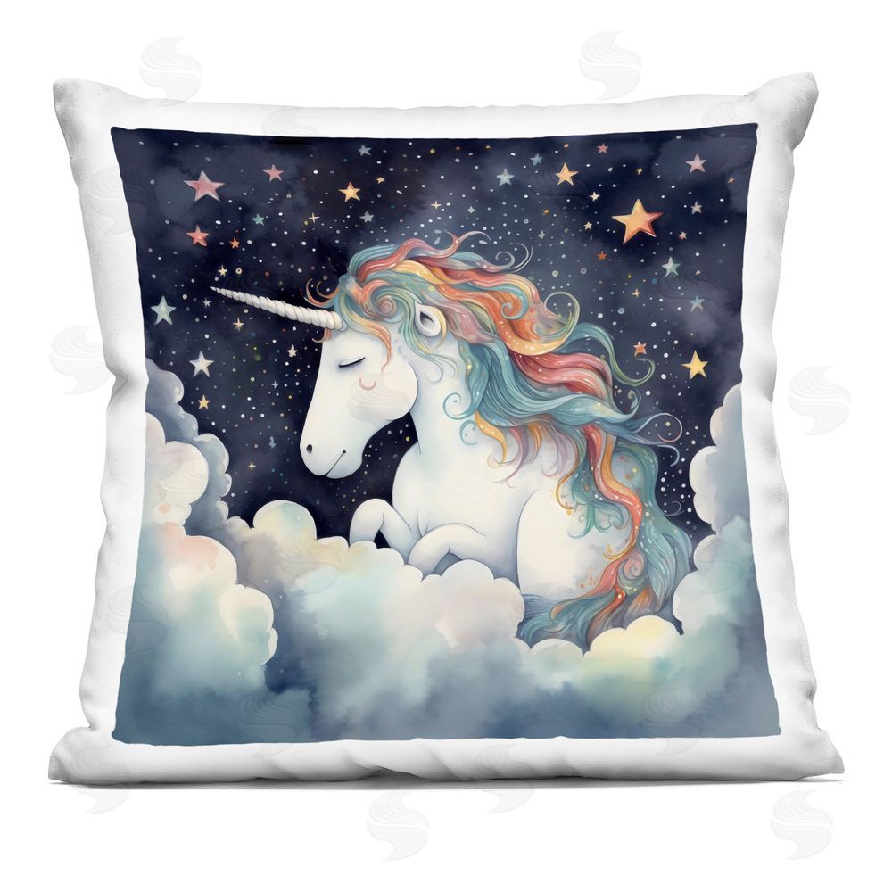 Creative Studio Sleepy Unicorn in Starlit Clouds Square Printed Throw Pillow