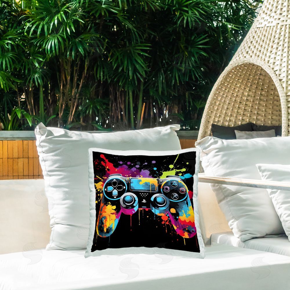 Creative Studio Paint Splash Game Controller Outdoor Square Printed Throw Pillow on Seat