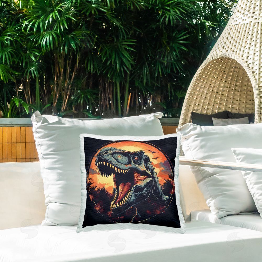 Creative Studio Ancient Dino Roaring at Sunset Outdoor Square Printed Throw Pillow on Seat