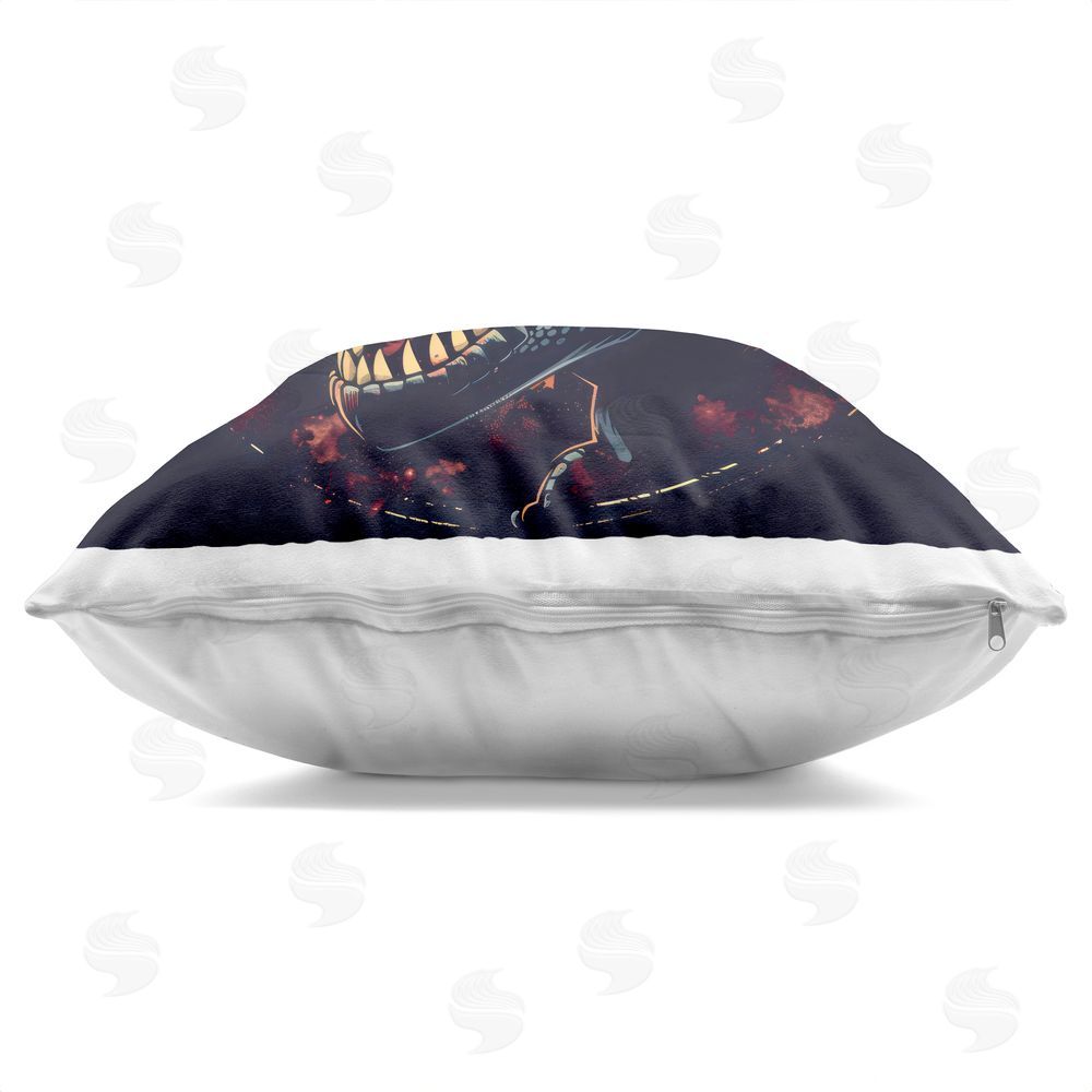 Creative Studio Ancient Dino Roaring at Sunset Square Printed Throw Pillow Side View with Zipper Detail