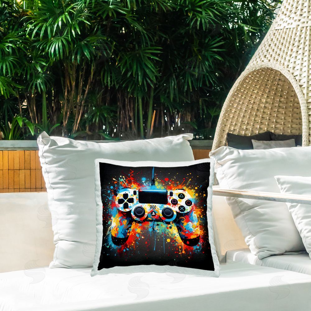 Creative Studio Colorful Controller Swirl Outdoor Square Printed Throw Pillow on Seat