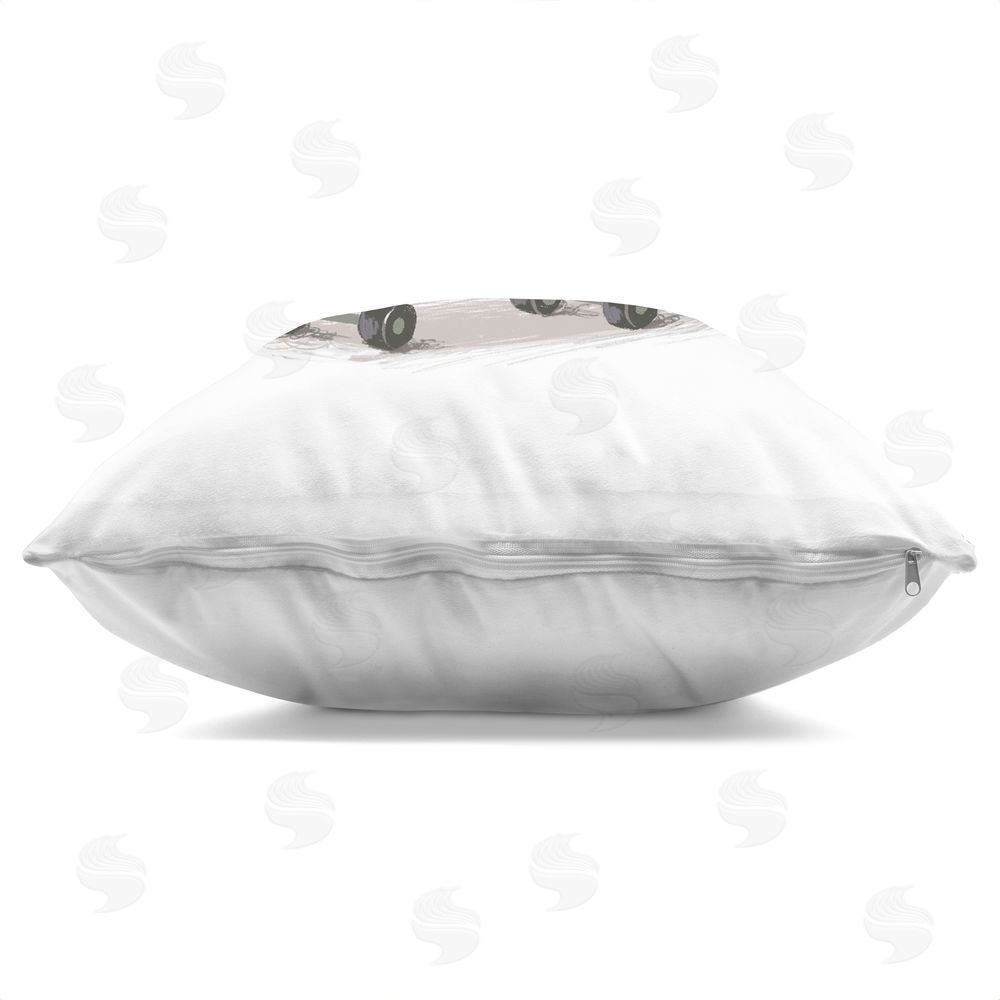 Ziwei Li Calico Cat on Skateboard Square Printed Throw Pillow Side View with Zipper Detail