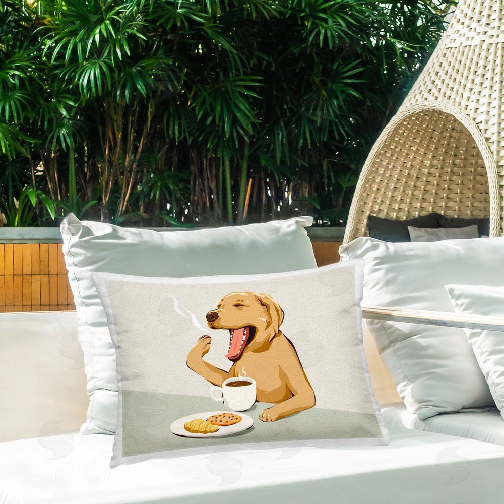 Ziwei Li Yawning Dog with Morning Coffee Outdoor Printed Lumbar Throw Pillow on Seat