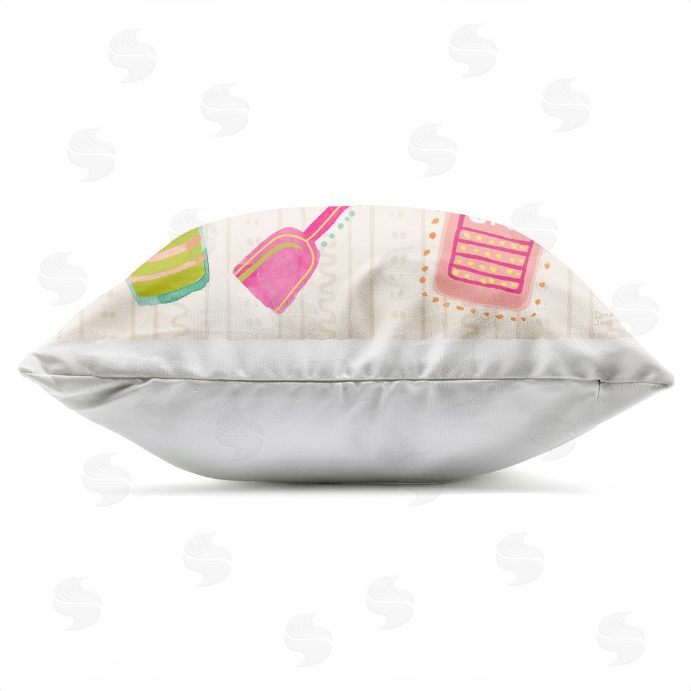 Dina June Fun In The Sun Beach Pails Outdoor Square Printed Throw Pillow Side View with Zipper Detail
