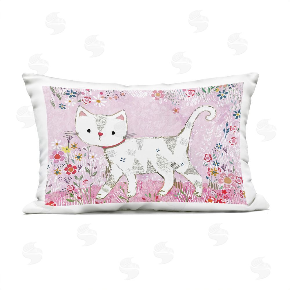 Clare Tupper Walking Cat on Pastel Pink Outdoor Printed Throw Pillow