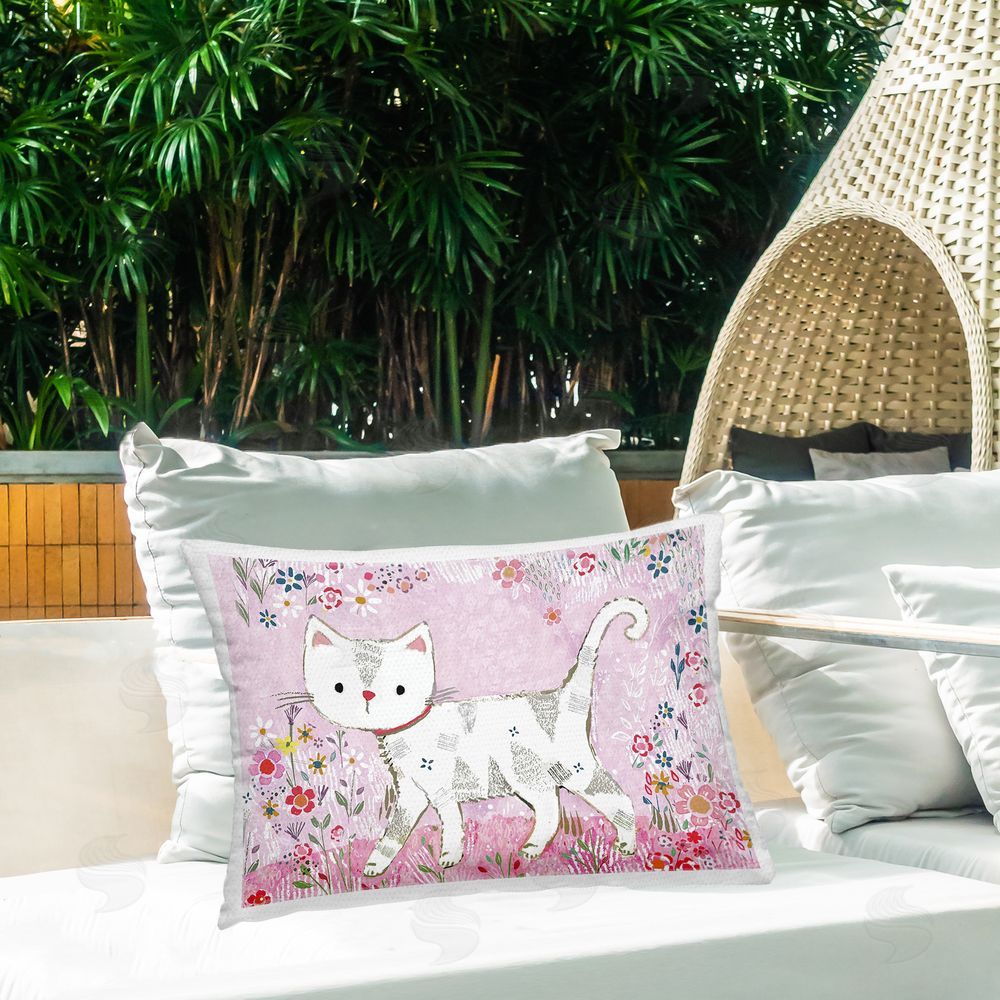 Clare Tupper Walking Cat on Pastel Pink Outdoor Printed Throw Pillow on Patio