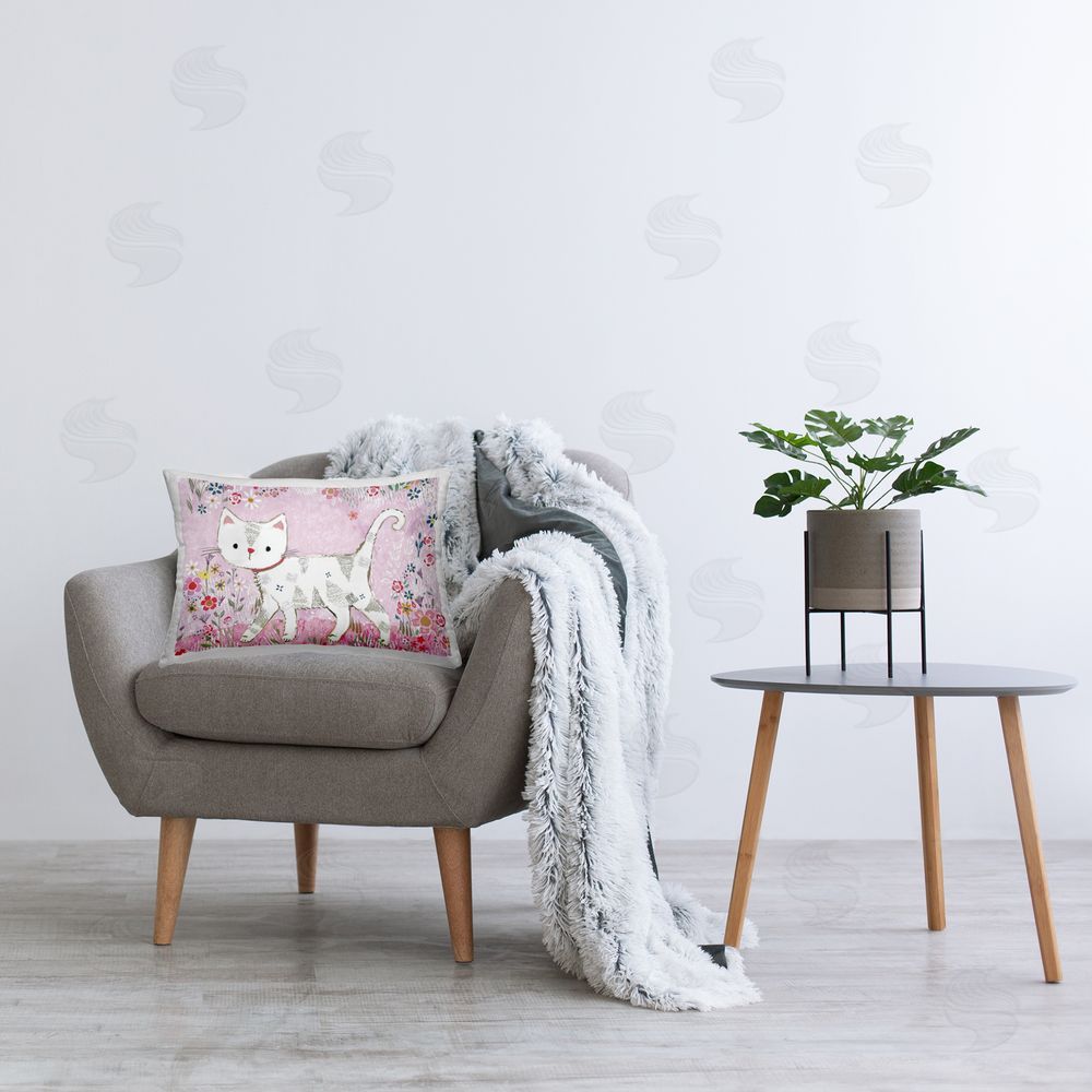 Clare Tupper Walking Cat on Pastel Pink Printed Indoor Throw Pillow in Room