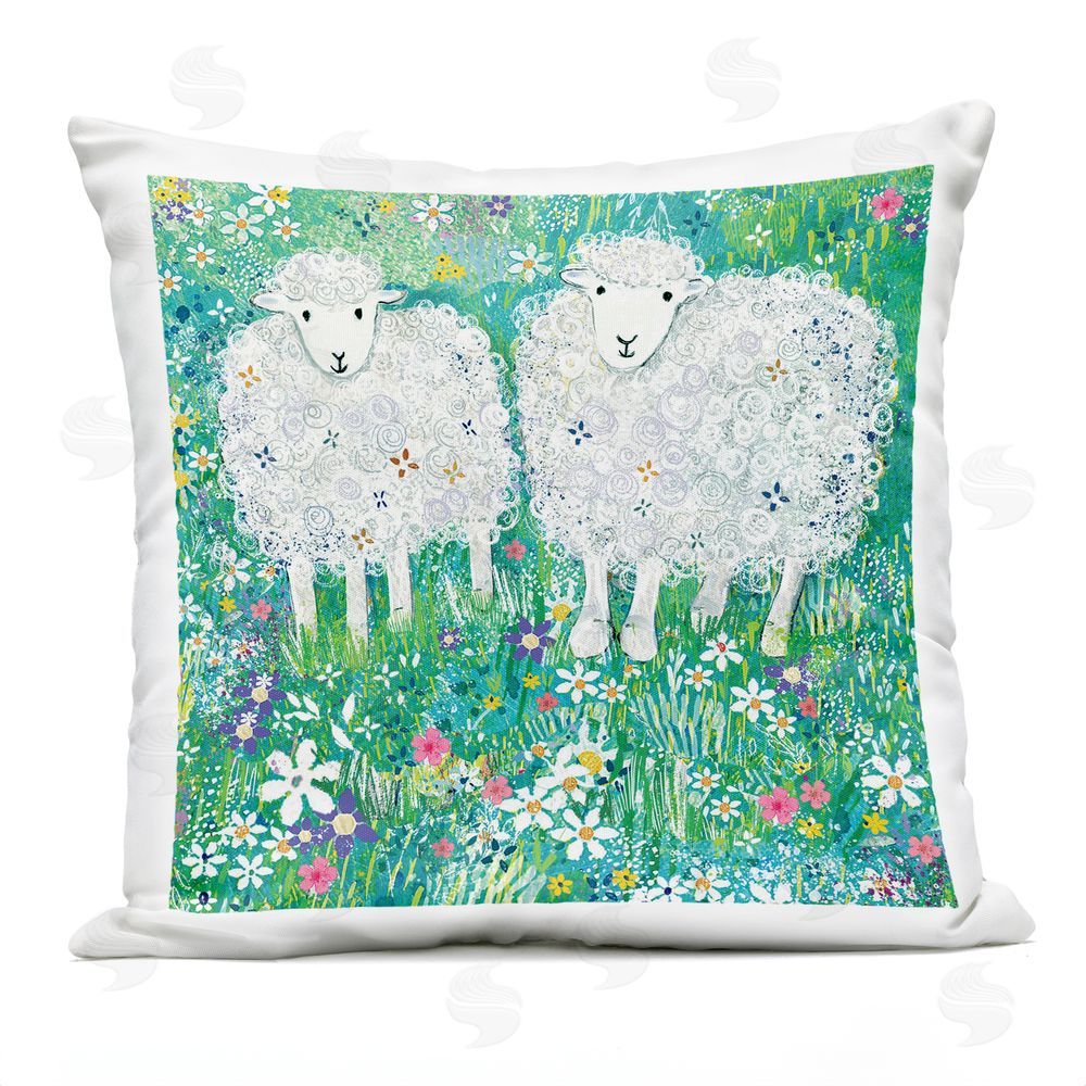 Clare Tupper Wooly Sheep with Scattered Flowers Outdoor Printed Throw Pillow