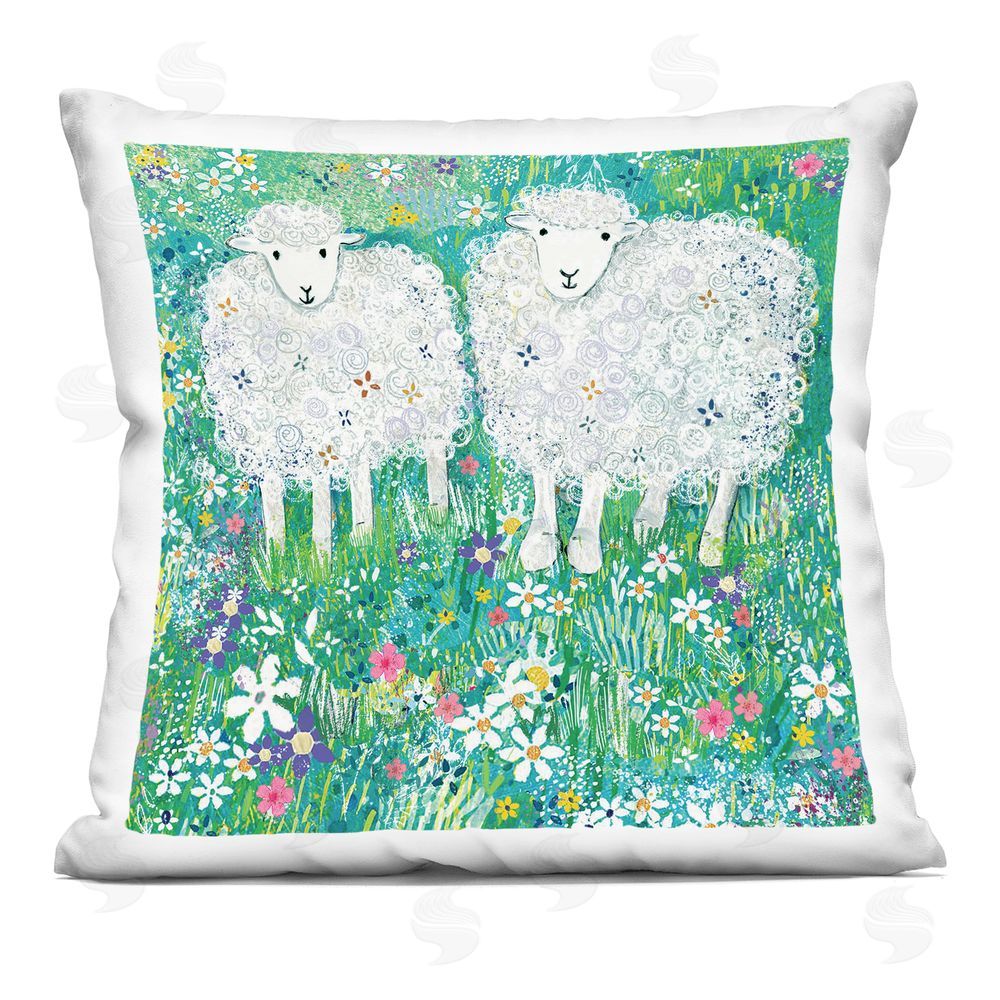 Clare Tupper Wooly Sheep with Scattered Flowers Indoor Printed Throw Pillow