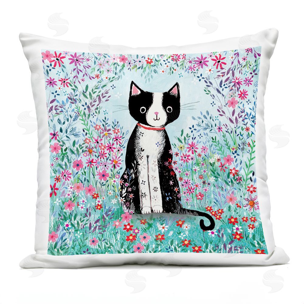 Clare Tupper Black Cat with Whimsical Daisies Outdoor Printed Throw Pillow