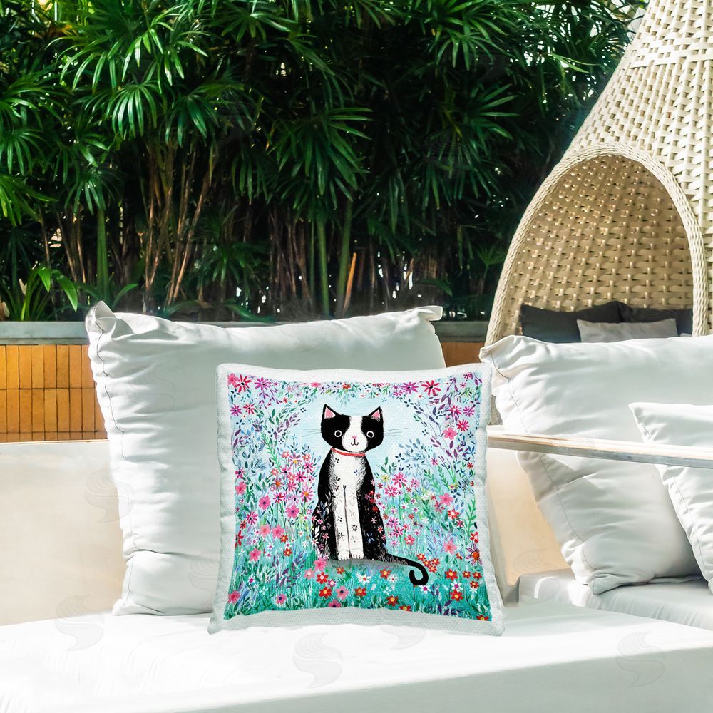 Clare Tupper Black Cat with Whimsical Daisies Outdoor Printed Throw Pillow on Patio