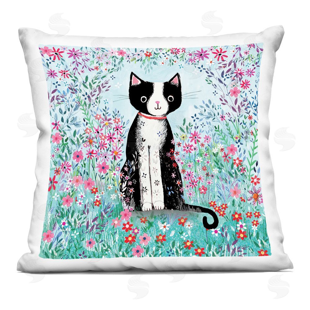 Clare Tupper Black Cat with Whimsical Daisies Indoor Printed Throw Pillow