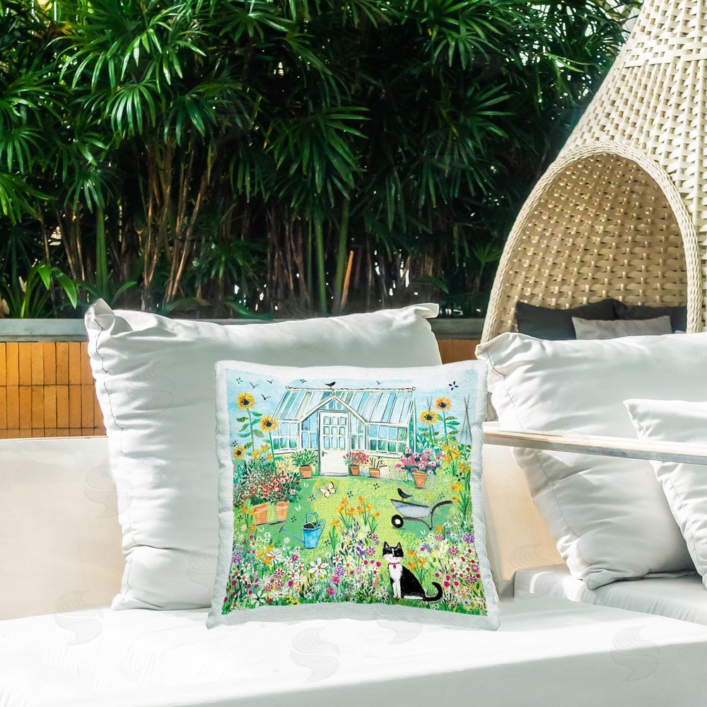Clare Tupper Garden Greenhouse & Cat Outdoor Printed Throw Pillow on Patio