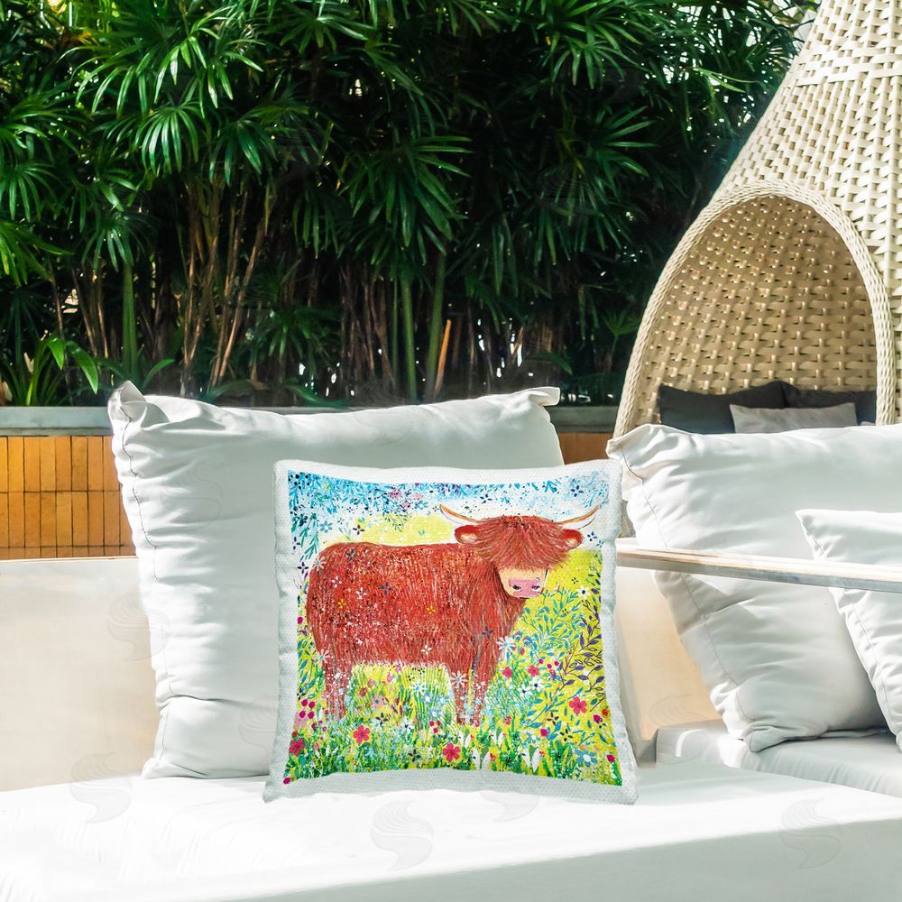Clare Tupper Highland Cow Whimsical Dapples Outdoor Printed Throw Pillow on Patio