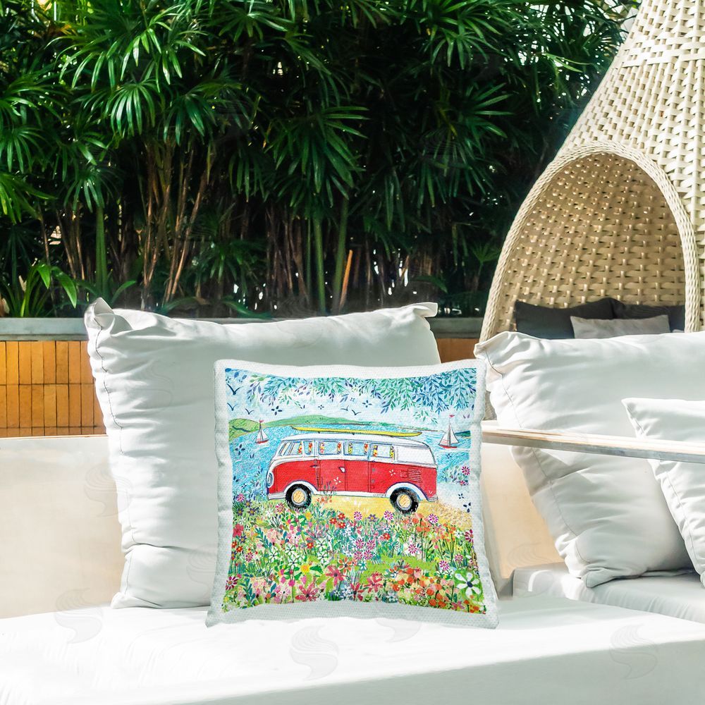 Clare Tupper Red Campervan Ready For Surf Outdoor Printed Throw Pillow on Patio