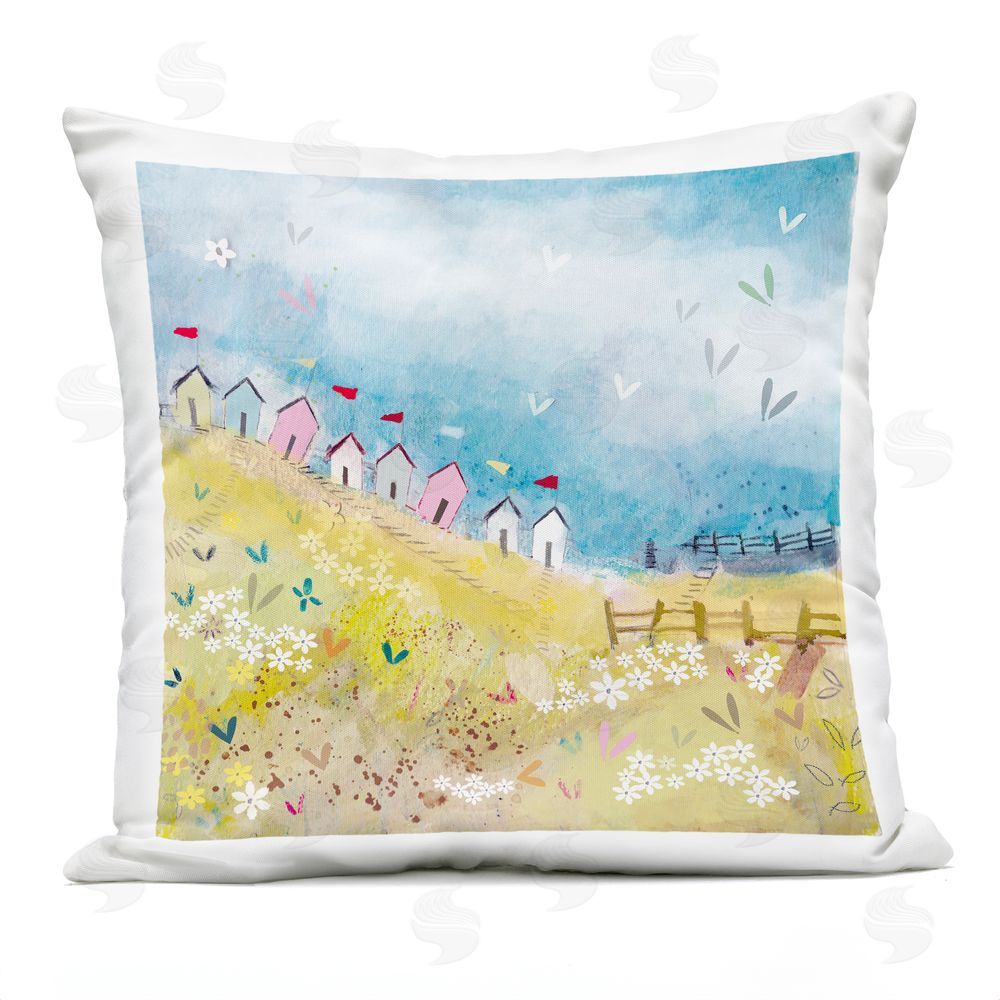 Clare Tupper Beach Huts on Hillside Outdoor Printed Throw Pillow