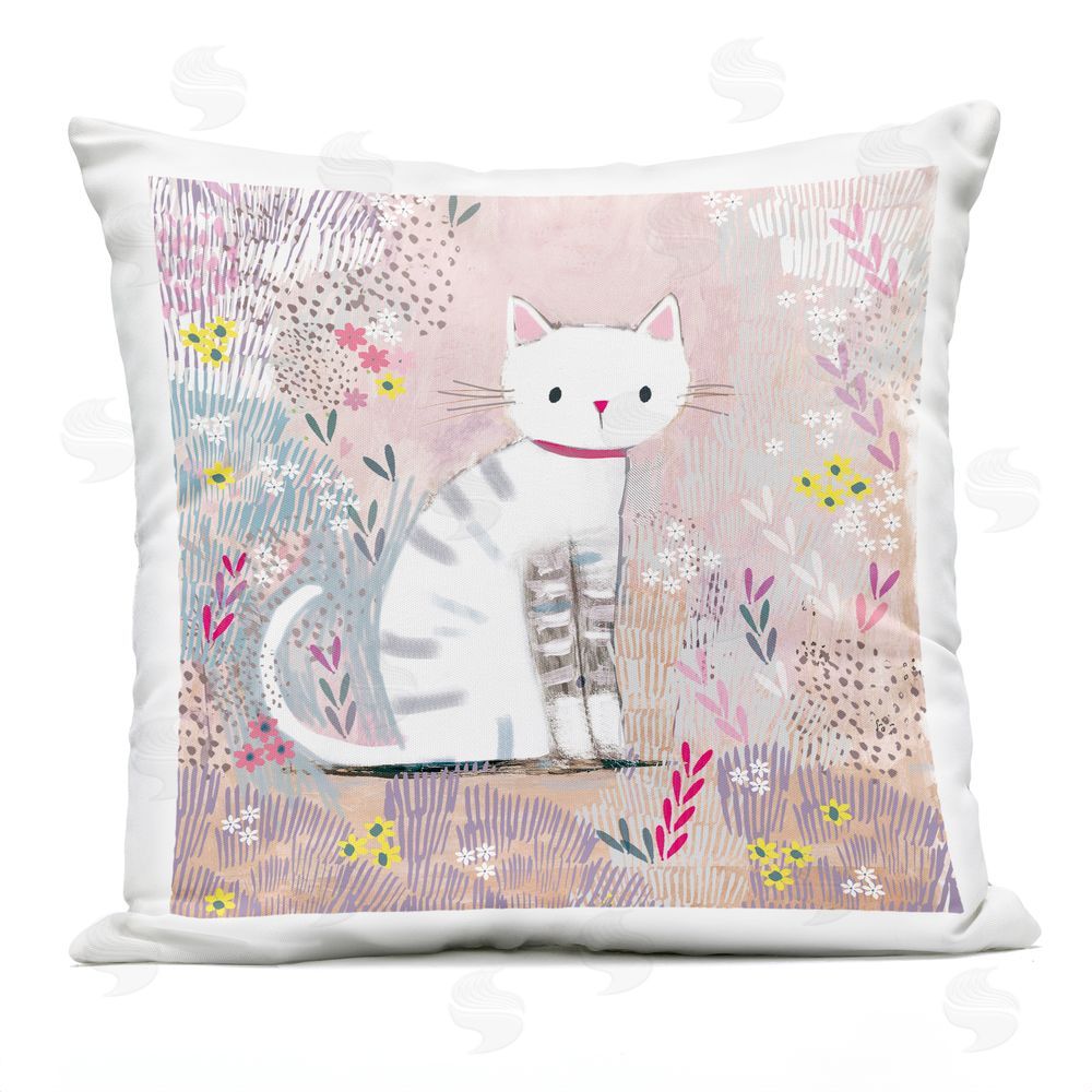 Clare Tupper White Kitten with Stripes Sitting Outdoor Printed Throw Pillow