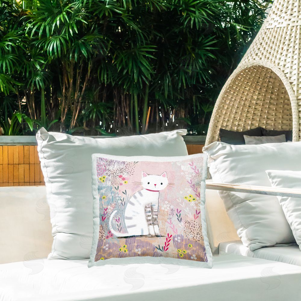 Clare Tupper White Kitten with Stripes Sitting Outdoor Printed Throw Pillow on Patio