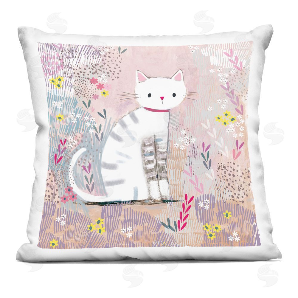 Clare Tupper White Kitten with Stripes Sitting Indoor Printed Throw Pillow