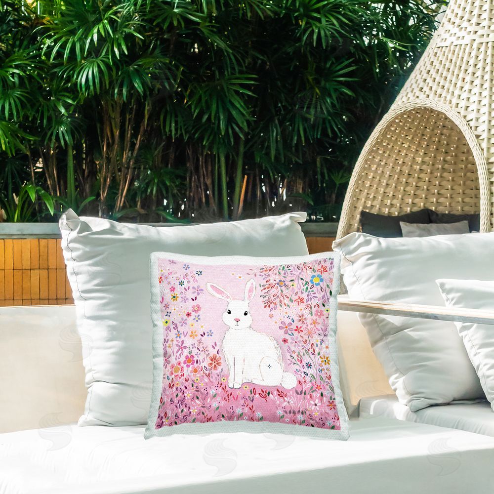 Clare Tupper Playful Flopsy Floral Rabbit Outdoor Printed Throw Pillow on Patio