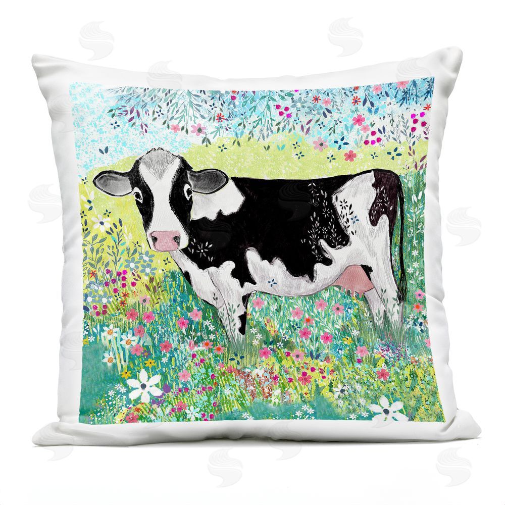 Clare Tupper Impressionist Cow & Meadow Flowers Outdoor Printed Throw Pillow