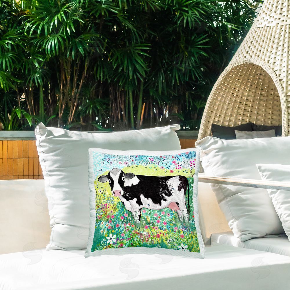 Clare Tupper Impressionist Cow & Meadow Flowers Outdoor Printed Throw Pillow on Patio