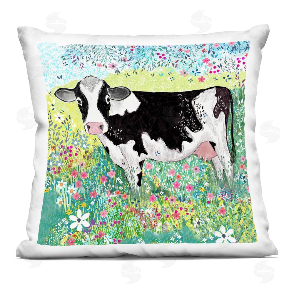 Clare Tupper Impressionist Cow & Meadow Flowers Indoor Printed Throw Pillow