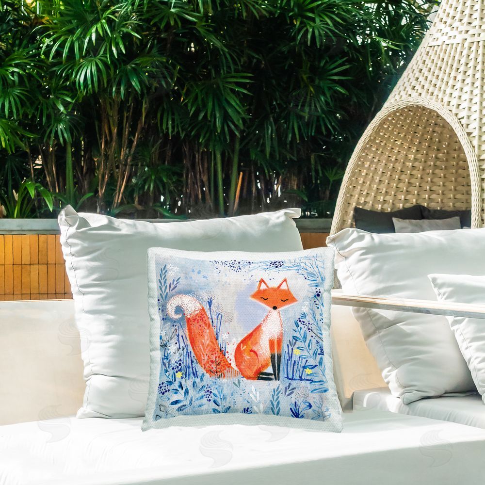 Clare Tupper Whimsical Fox Nature Collage Outdoor Printed Throw Pillow on Patio