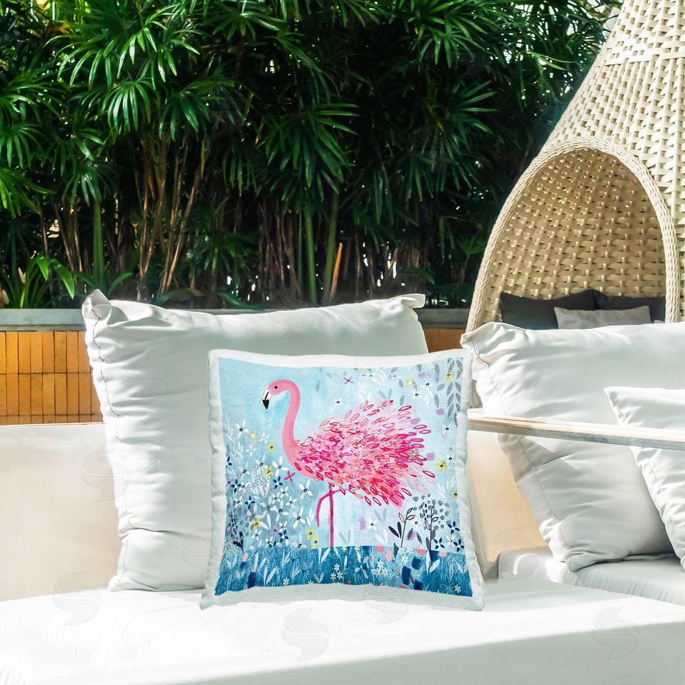Clare Tupper Whimsical Flower Flamingo Outdoor Printed Throw Pillow on Patio