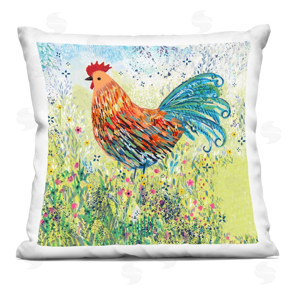 Clare Tupper Cockerel Rooster in Colorful Garden Indoor Printed Throw Pillow