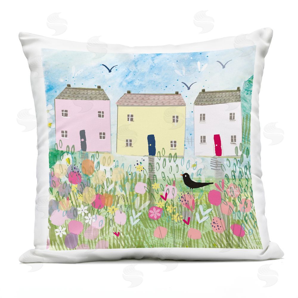 Clare Tupper Row Of Cottages with Crow Outdoor Printed Throw Pillow