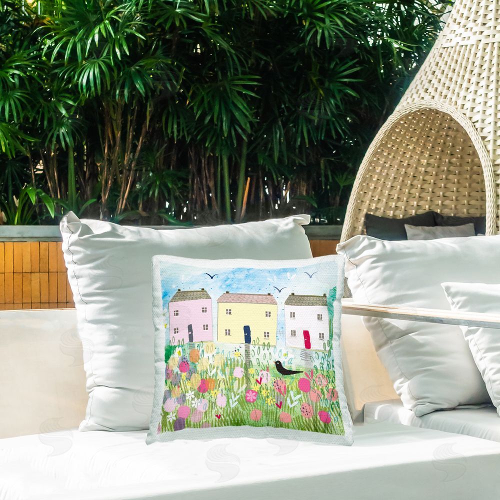 Clare Tupper Row Of Cottages with Crow Outdoor Printed Throw Pillow on Patio