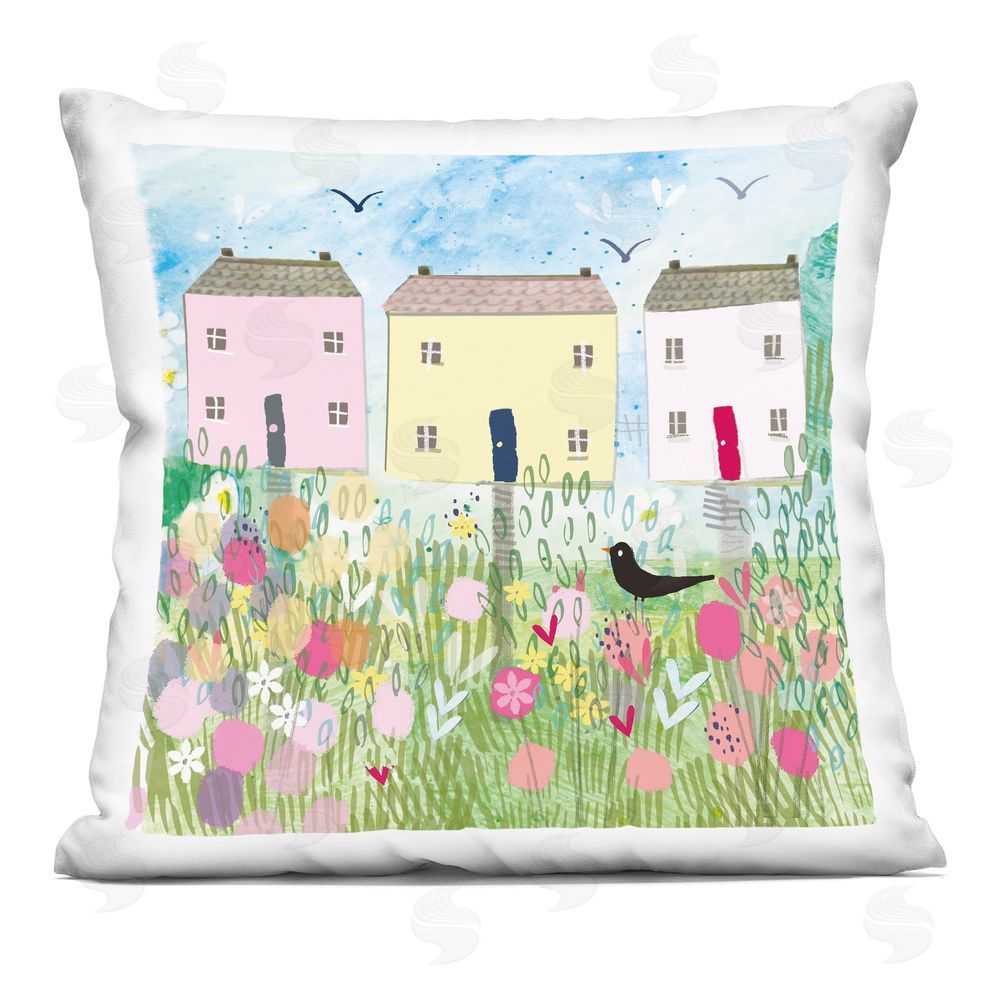 Clare Tupper Row Of Cottages with Crow Indoor Printed Throw Pillow