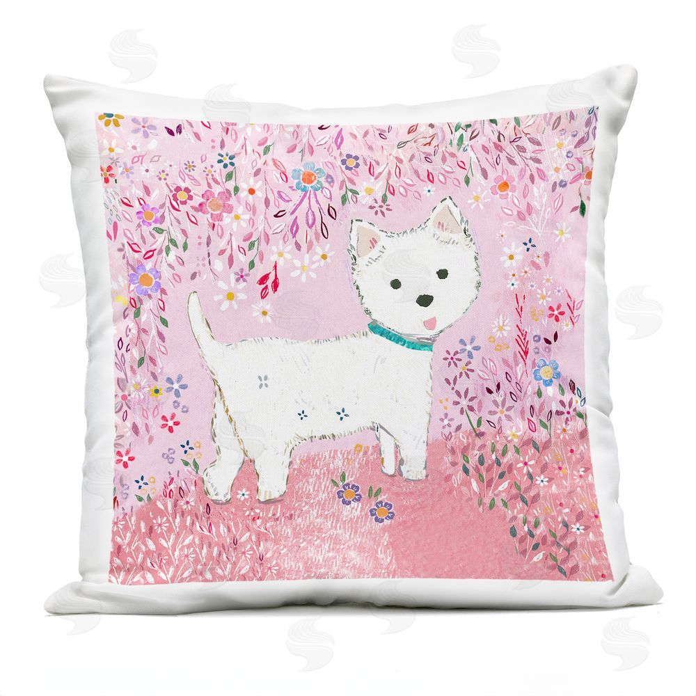 Clare Tupper Lola Pink Floral Puppy Outdoor Printed Throw Pillow