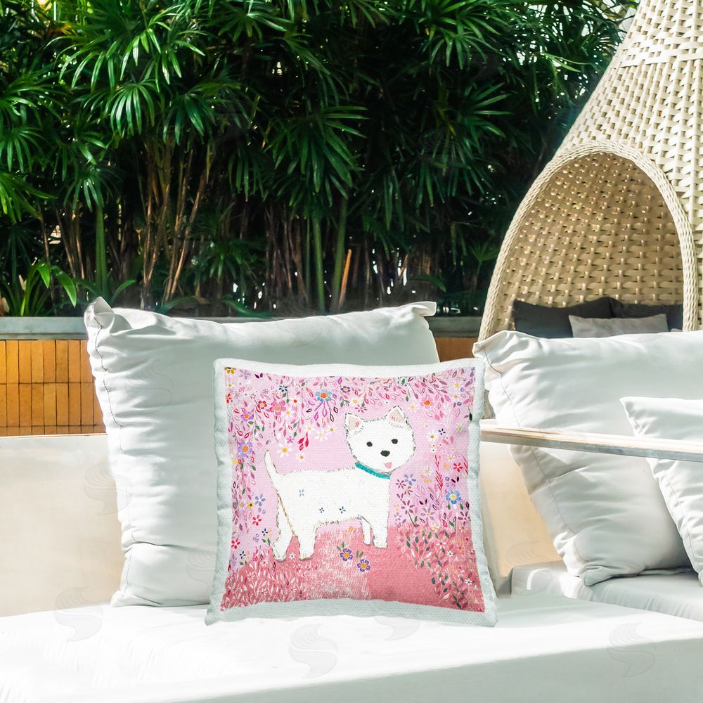 Clare Tupper Lola Pink Floral Puppy Outdoor Printed Throw Pillow on Patio