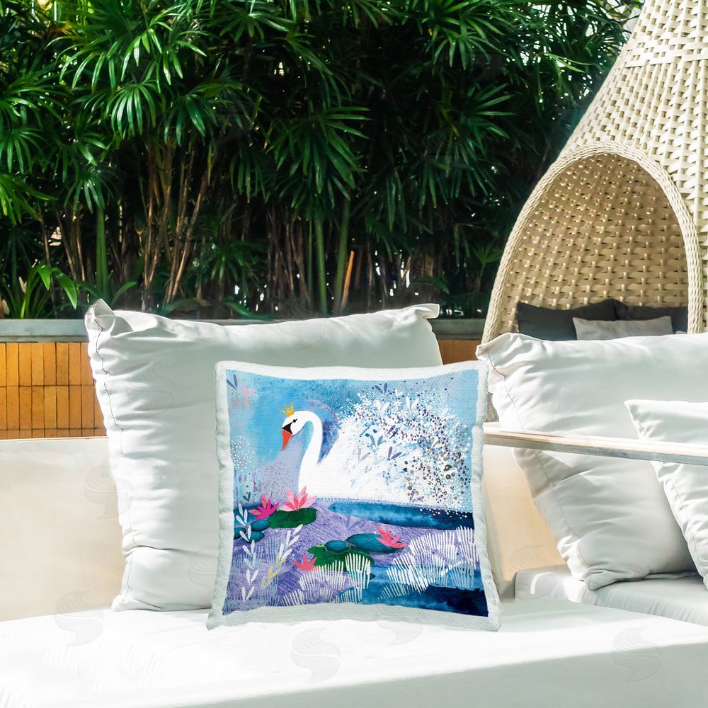 Clare Tupper Tranquil Crowned Swan Outdoor Printed Throw Pillow on Patio