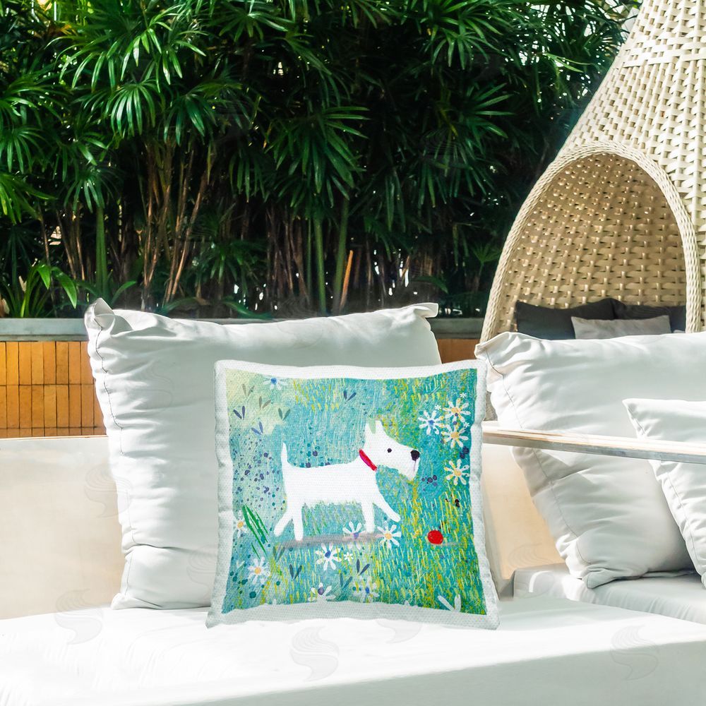 Clare Tupper Little White Scottie Dog Outdoor Printed Throw Pillow on Patio