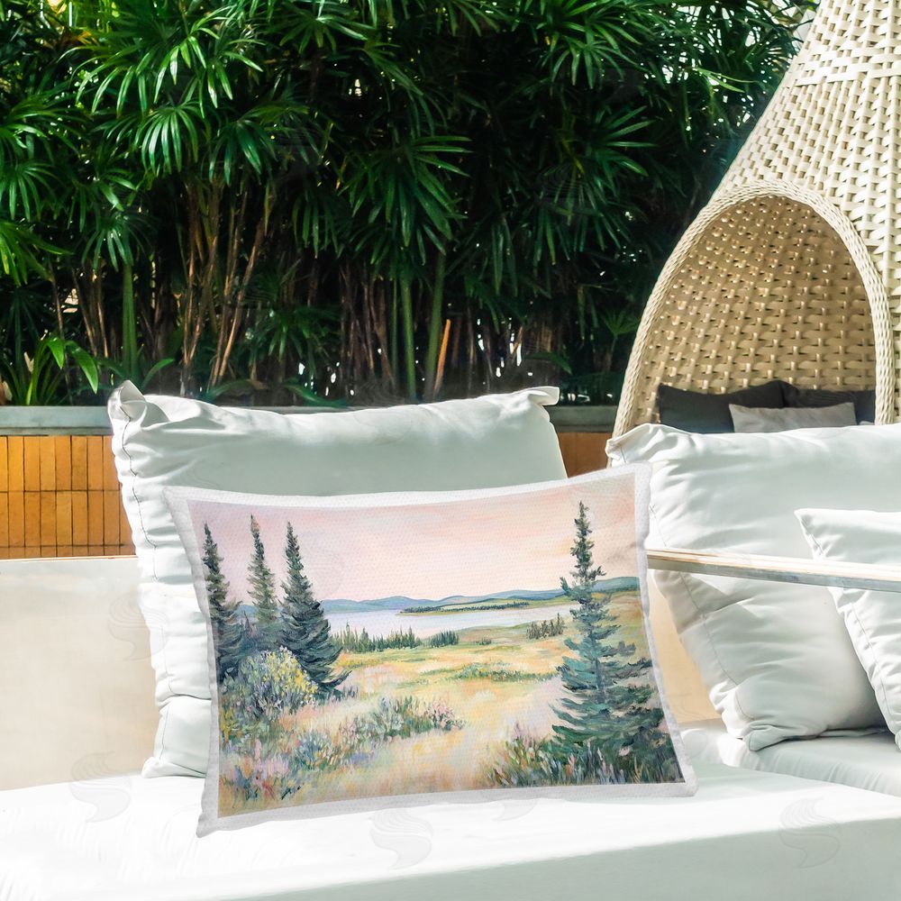 Heidi Kuntz Serene Pine Meadow at Lake Outdoor Quick-Dry Polyester Printed Lumbar Pillow on Patio