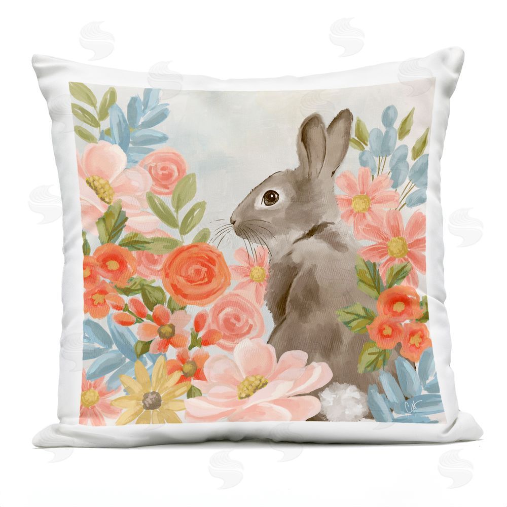 Cat Thurman Designs Bunny In The Blooms Square Outdoor Quick-Dry Polyester Throw Pillow