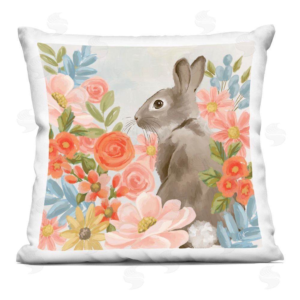 Cat Thurman Designs Bunny In The Blooms Square Plush Polyester Throw Pillow