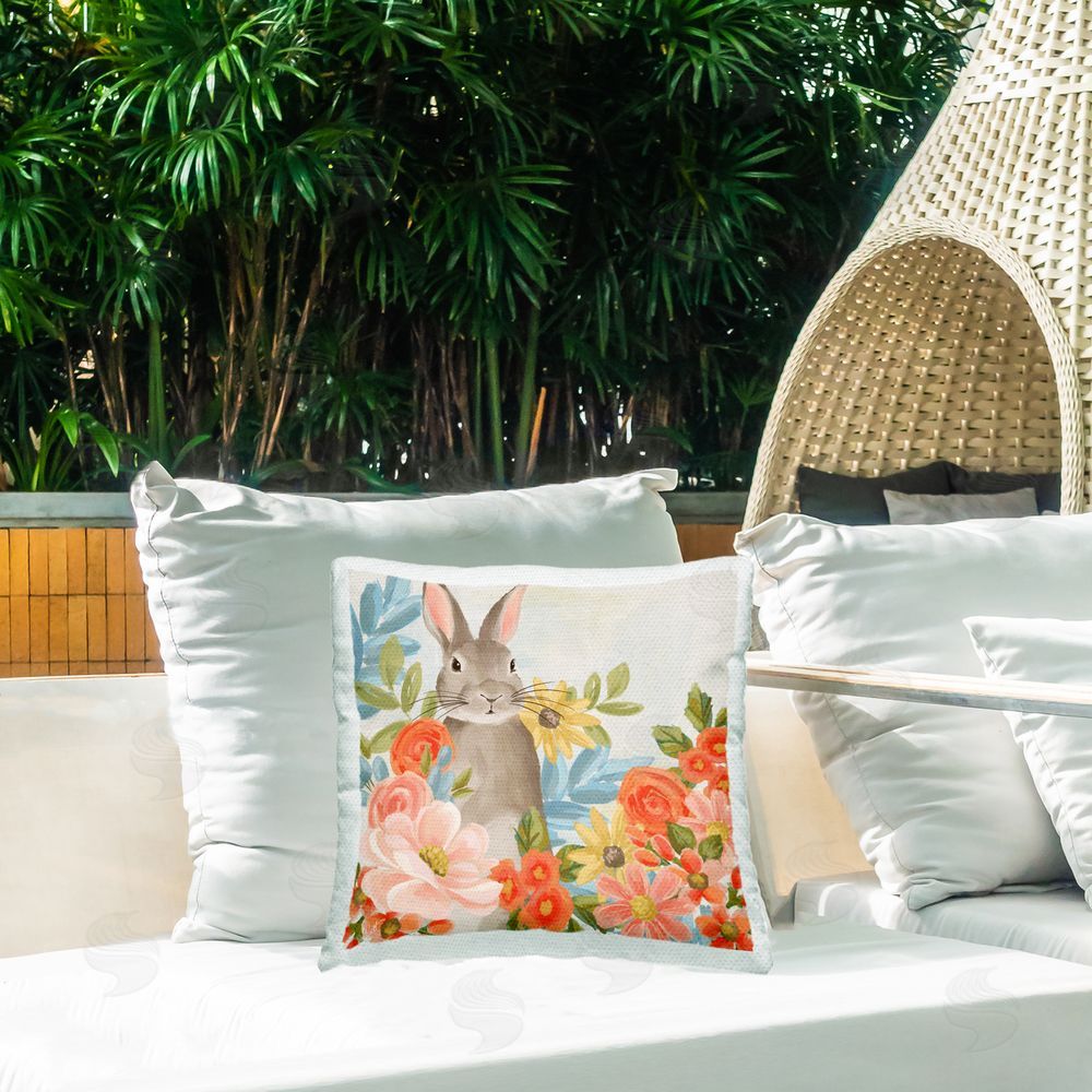 Cat Thurman Designs Bunny Among The Blooms Square Outdoor Quick-Dry Polyester Throw Pillow on Seat