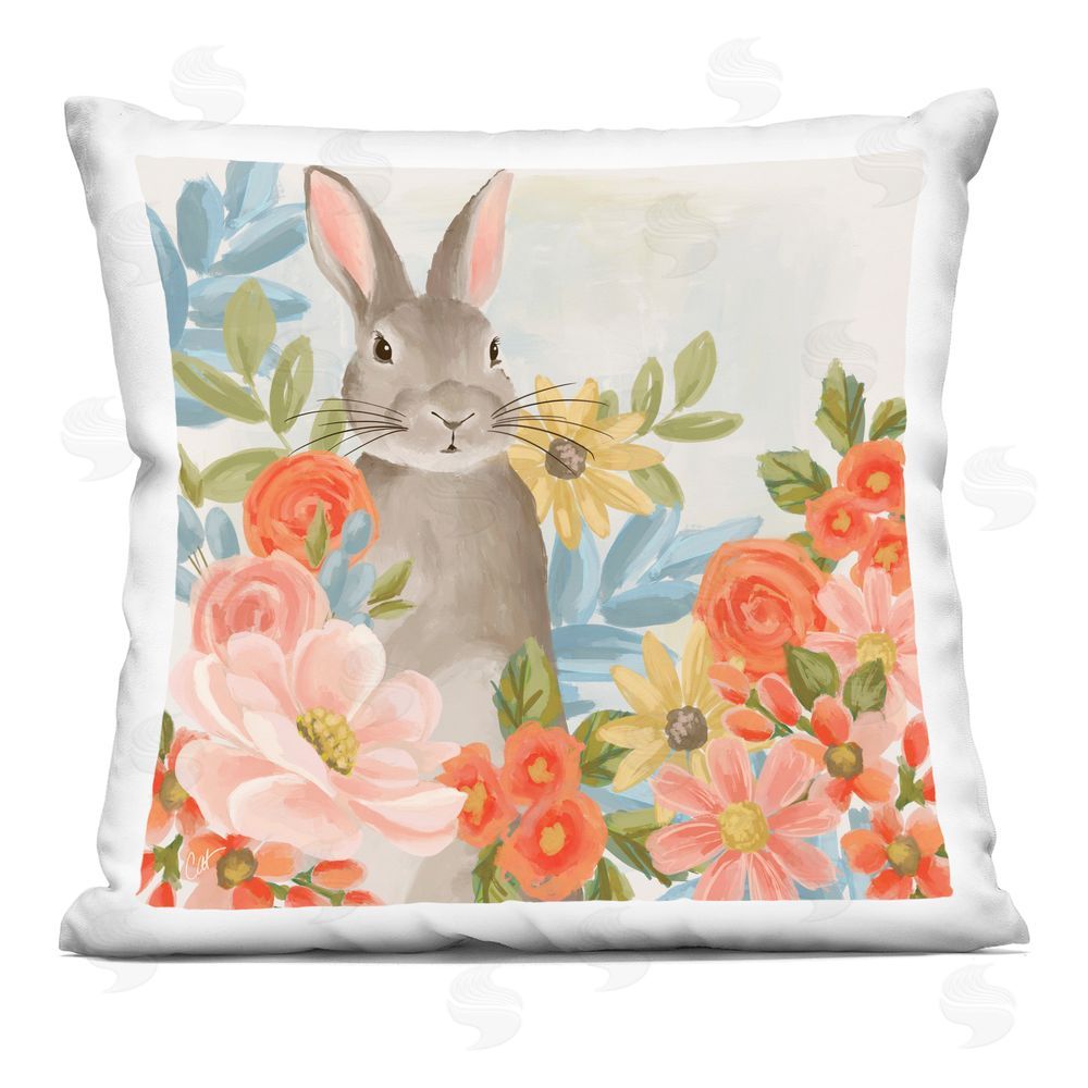 Cat Thurman Designs Bunny Among The Blooms Square Plush Polyester Throw Pillow