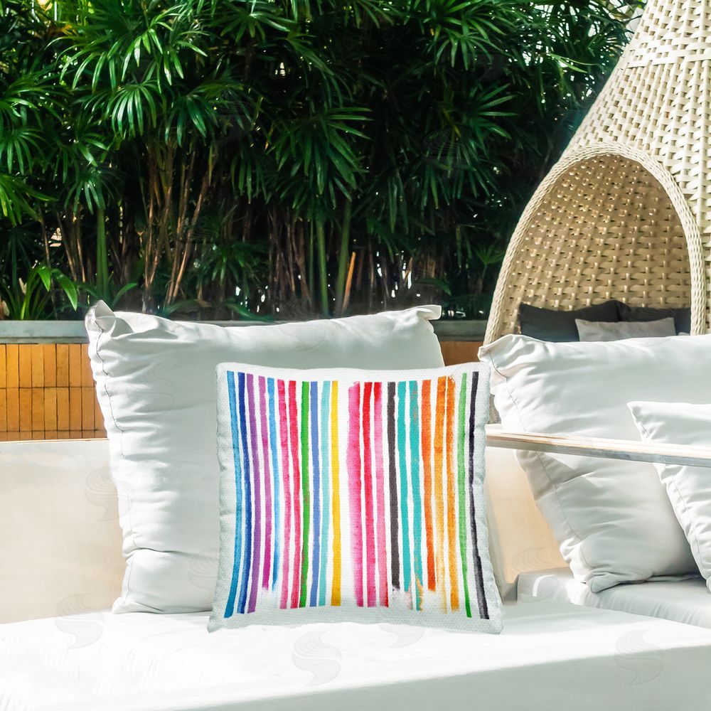 Amber Sterling Colorful Vertical Stripes Outdoor Square Printed Throw Pillow on Seat