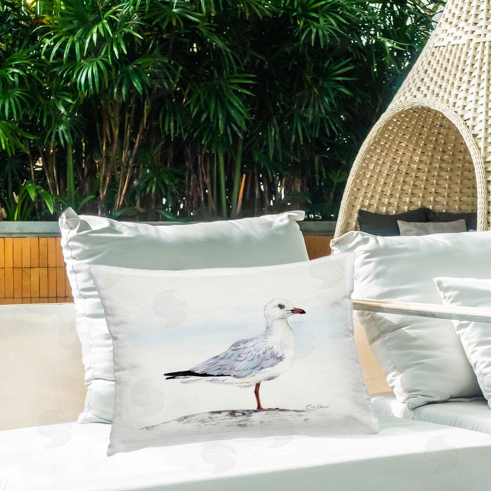 Cady Driver Seagull On Sand Portrait Outdoor Printed Throw Pillow on Patio
