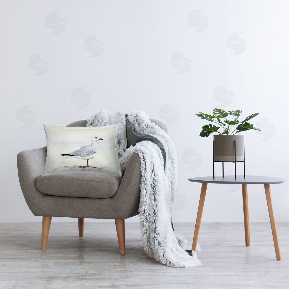 Cady Driver Seagull On Sand Portrait Printed Indoor Throw Pillow in Room