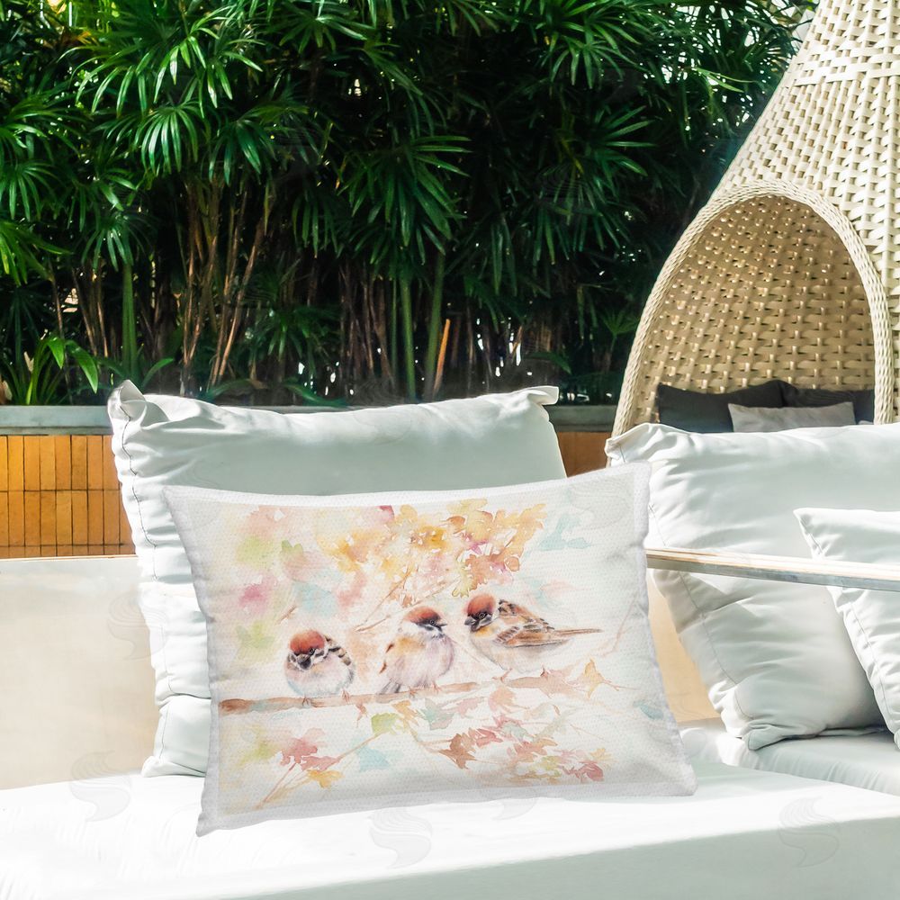 Cady Driver Trio of Birds on Watercolor Branch Outdoor Printed Throw Pillow on Patio
