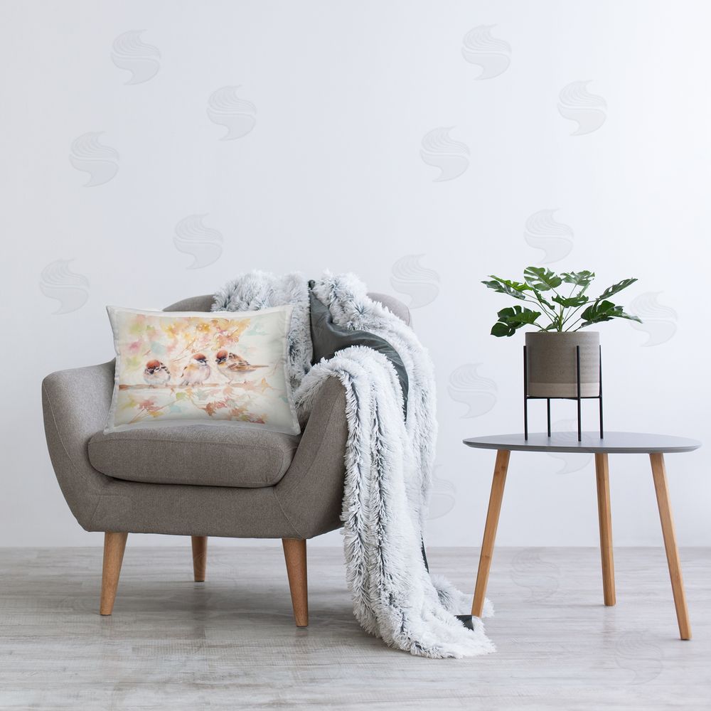 Cady Driver Trio of Birds on Watercolor Branch Printed Indoor Throw Pillow in Room