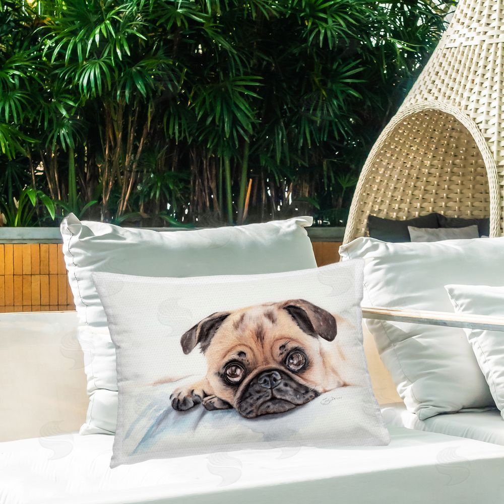 Cady Driver Innocent Pug Relaxing Outdoor Printed Throw Pillow on Patio