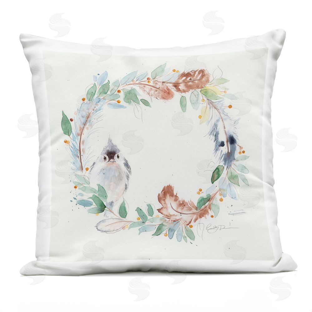 Cady Driver Wispy Bird & Botanical Wreath Outdoor Printed Throw Pillow